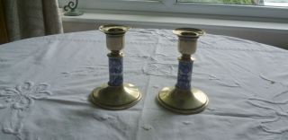 Unusual Silver Plated and China Willow Pattern Insert Candlesticks 3