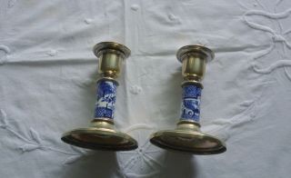 Unusual Silver Plated and China Willow Pattern Insert Candlesticks 5