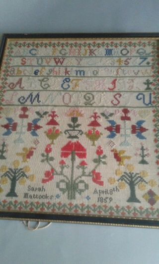 Antique 19th C Hand Stitched Sampler Embroidery Dated 1859 Framed