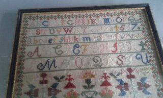 Antique 19th C hand stitched sampler embroidery dated 1859 framed 3