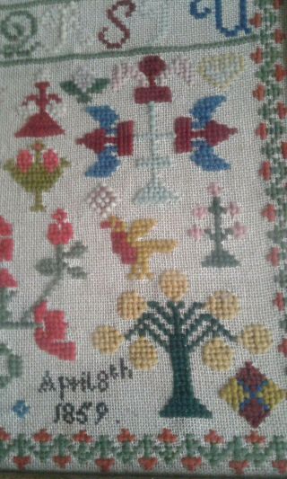 Antique 19th C hand stitched sampler embroidery dated 1859 framed 5