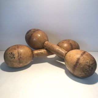 Antique Set Of 2 Exercise Wooden Dumbbells Hand Weights Spalding Made In Usa