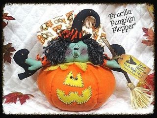 Primitive " Prucilla Pumpkin Plopper " Halloween Witch On Pumpkin Pattern 472