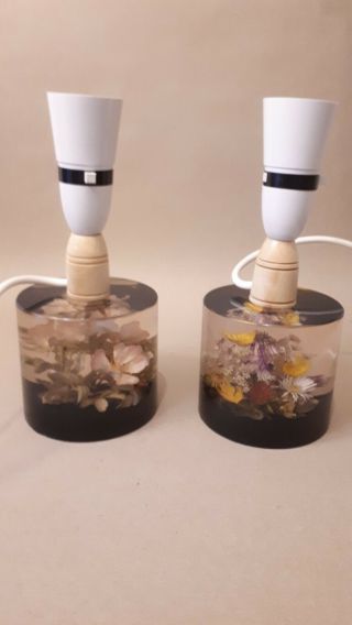 Old Vintage Retro Mid Century Wild Meadow Flowers Lucite Table Lamp X2