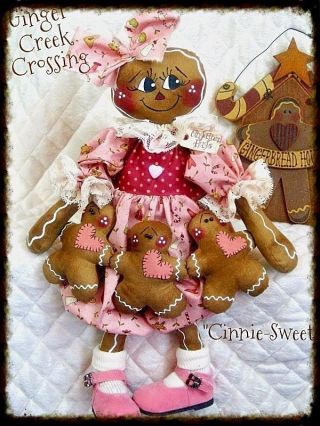 Primitive Gingerbread Doll " Cinnie Sweet " W/ Baby Ornies Garland Pattern 75