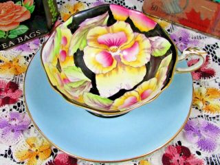 Paragon Pansy Over Black Chintz Blue Tea Cup And Saucer