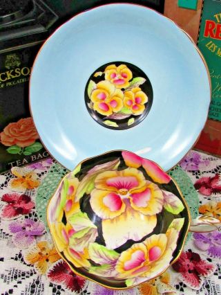PARAGON PANSY OVER BLACK CHINTZ BLUE TEA CUP AND SAUCER 2