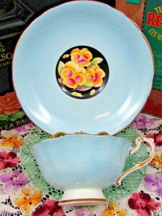 PARAGON PANSY OVER BLACK CHINTZ BLUE TEA CUP AND SAUCER 3