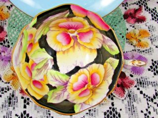 PARAGON PANSY OVER BLACK CHINTZ BLUE TEA CUP AND SAUCER 5