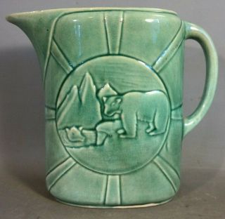 Antique Art Deco Era Mccoy Style Sun & Polar Bear Old Art Pottery Water Pitcher