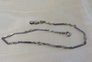 Antique Men ' s Silver and Blue Enameled Watch Chain Bates and Bacon Art Deco 3