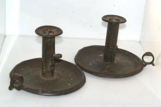 2pc Antique Tin Ware Push Up Chamber Stick Candle Holders W Ring 1800s