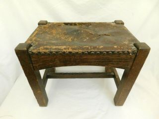 Arts Crafts Antique Mission Style Oak Wood Leather Stool Bench Copper Rivets