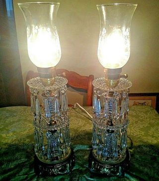 Pair Vintage Crystal Electrified Lusters Lamp W/ 3.  75 " Long Rossettes & Prisms