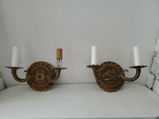 Pair Vintage Cast Brass Electric Wall Sconces Made In Spain