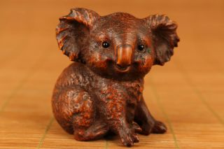 Chinese Old Boxwood Hand Carved Koala Statue Big Netsuke Ornament Nr