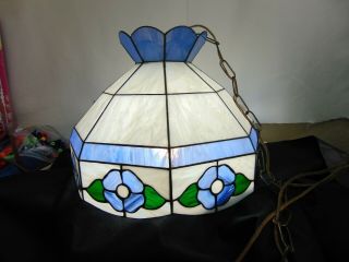 Vintage Tiffany Style Stained Glass Swag Hanging Ceiling Light Lamp Blue / White