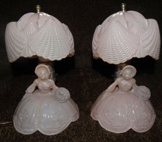 Vintage Pink Crinoline Lady Table Lamps In Pink Satin Glass - As Pair