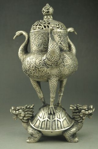 Chinese Old Copper Plating Silver Carve Dragon Turtle Crane Incense Burner F02
