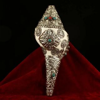 Old Silver Filigree Inlay Gem Conch Shell Trumpet Horn Sea Snail Statue Ag02a