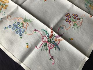 Cute Vintage Floral Hand Embroidered Small Square Cream Irish Linen Tablecloth