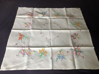 Cute Vintage Floral Hand Embroidered Small Square Cream Irish Linen Tablecloth 2