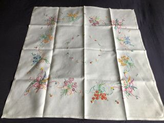 Cute Vintage Floral Hand Embroidered Small Square Cream Irish Linen Tablecloth 5