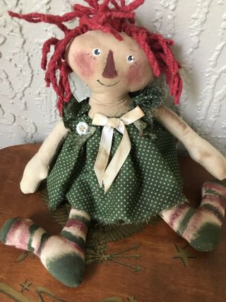 Primitive Raggedy Ann Doll Handmade Grungy Folk Art Small Green