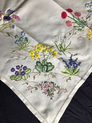 Sweet Vintage Floral Hand Embroidered Small Square Cream Irish Linen Tablecloth