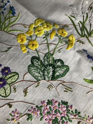 Sweet Vintage Floral Hand Embroidered Small Square Cream Irish Linen Tablecloth 2