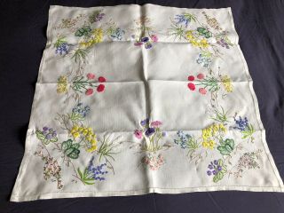 Sweet Vintage Floral Hand Embroidered Small Square Cream Irish Linen Tablecloth 3