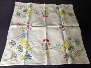 Sweet Vintage Floral Hand Embroidered Small Square Cream Irish Linen Tablecloth 4