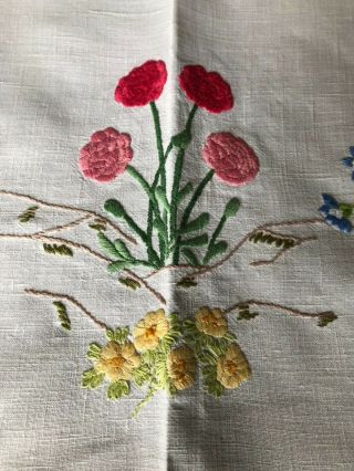 Sweet Vintage Floral Hand Embroidered Small Square Cream Irish Linen Tablecloth 5