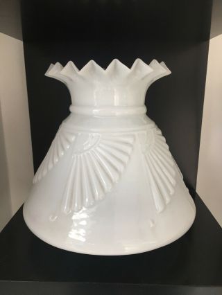 Victorian White Embossed Glass Oil Lamp Shade Conical With Frills Art Deco