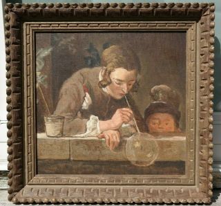 Vintage Colonial Boy Blowing Bubbles Old 18thc Jean Baptiste Chardin Painting