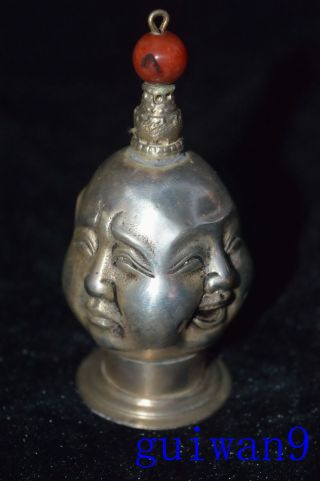 Old Chinese Miao Silver Happiness Angry Sad Joyous Buddha Head Pray Snuff Bottle