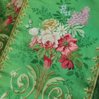 Antique C1900 French Silk Brocade Fabric Bell Pull 80 " X6 " Roses Scrolls Couronne