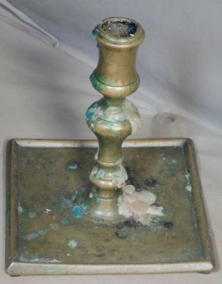 18th Century Brass Candlestick Square Pan Base Dutch Spanish Footed Early