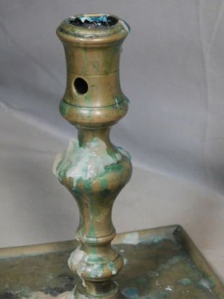 18th Century Brass Candlestick Square Pan base Dutch Spanish Footed EARLY 2