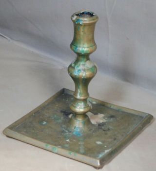 18th Century Brass Candlestick Square Pan base Dutch Spanish Footed EARLY 3