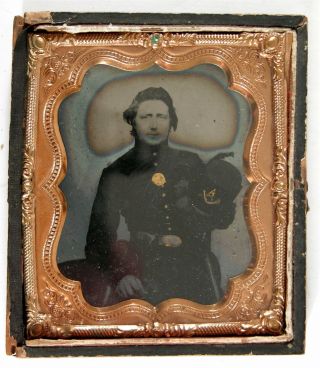 1860s Civil War Soldier Tintype Photo Sixth Plate Armed Soldier With Hardee Hat