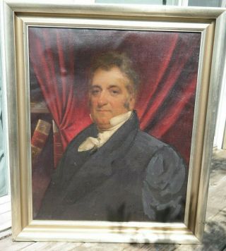 1830s 19thc Antique Victorian Distinguished Gentleman Book Portrait Old Painting