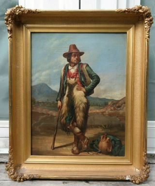 19thc Antique Old West Town Mexico Type Cattle Rustler Old Frontiersman Painting