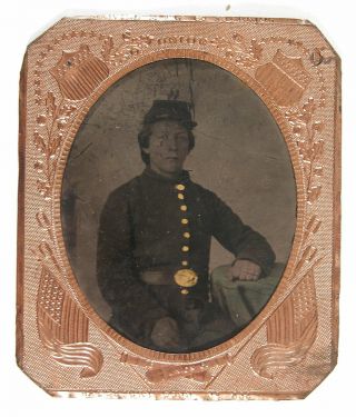 1860s Civil War Soldier Tintype Photograph Sixth Plate In Scoville Patriotic Mat