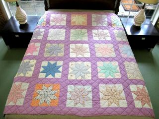 Vintage Feed Sack Hand Pieced & Quilted Lemon Star Quilt,  72 " X 70 ",