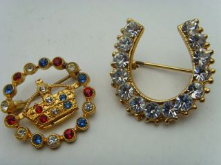 Two Vintage Art Deco Broochs Loyalist Crown Red White And Blue And Horse Shoe