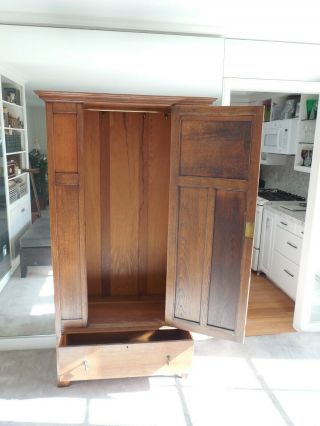 Antique American Country Oak Armoire & Drawer Wardrobe.