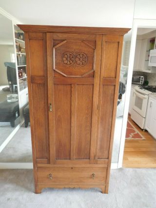 Antique American Country Oak Armoire & Drawer Wardrobe. 3