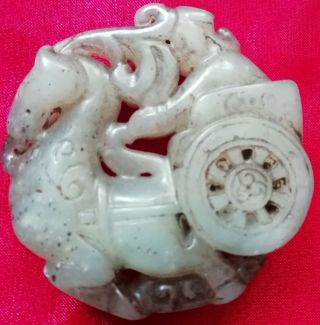 Chinese jade culture old jade hand carving horse - drawn carts lucky pendant 2