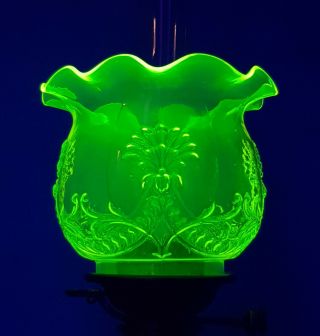 Vaseline Uranium Glass Pressed Flowers & Foliage Kerosene Duplex Oil Lamp Shade